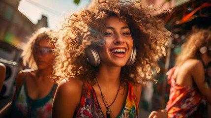 Smile and enjoy the festive day, a curly haired girl with headphones at a music party - obrazy, fototapety, plakaty