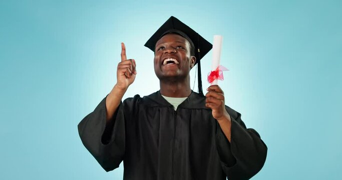 Graduation Diploma, University Student And Black Man Point At College Graduate Info, Scholarship News Or School Study. Success, Portrait And Happy Studio Gesture At Education Promo On Blue Background