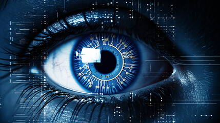 A close-up of a biometric eye scan, representing security technology