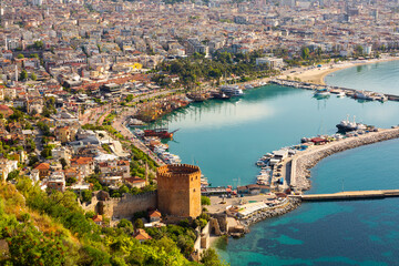View from the observation deck to the city of Alanya on a sunny day. Turkey - obrazy, fototapety, plakaty