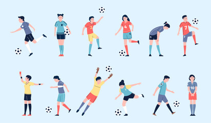 Fototapeta na wymiar Football players, soccer teenagers flat characters. Flat professional athlete team, female and male play ball. Sport game recent vector set