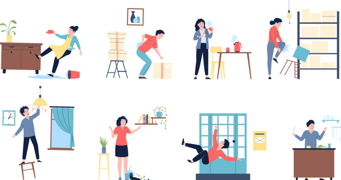 Home injuries, leg hurts and injury. Emergency accident at home, household health problems and shock. Adults burn and hit recent vector scenes