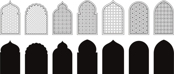 Black arab windows badge. Religious architecture islamic silhouettes, arabesque pattern. Oriental ornament window, muslim symbol racy vector shapes - obrazy, fototapety, plakaty