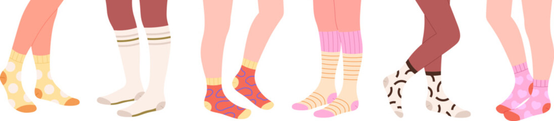 Legs wear socks, feet wearing color sock. Fabric foot accessory, cotton and decorative. Trendy female cozy clothes elements, fashion racy vector set