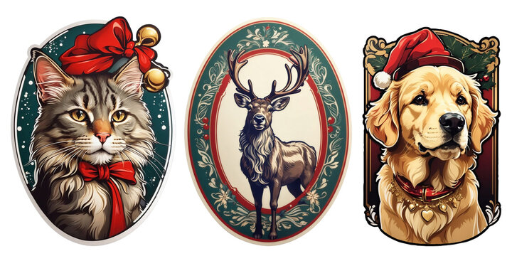 cute animals sticker Christmas, cat, reindeer, golden retriever