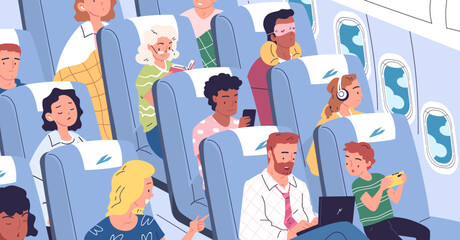 People aboard airplane. Passengers traveling in plane economy class, family inside aircraft cabin, man with laptop sleep listen music or watching window, classy vector illustration