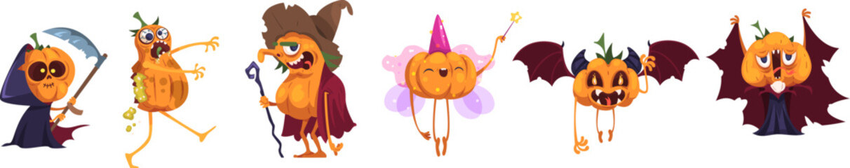 Pumpkin monsters mascot. Pumpkins zombie funny characters, orange vegetable gourd scary monster retro spooky halloween cute mascot, cartoon autumn food classy vector illustration