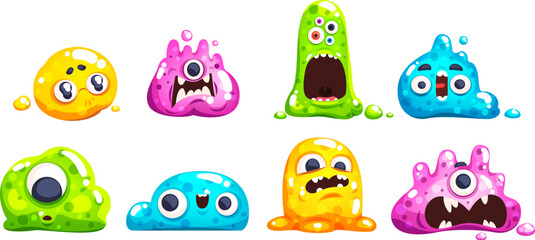 Obraz premium Slime monsters. Fantastic jelly stain monster, sticky liquid crazy creatures slimes blob gel characters, candy purple blue color glitter creature, game classy vector illustration