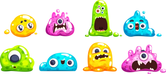 Muurstickers Monster Slime monsters. Fantastic jelly stain monster, sticky liquid crazy creatures slimes blob gel characters, candy purple blue color glitter creature, game classy vector illustration