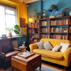  A vintage reading room with blue bookshelves
