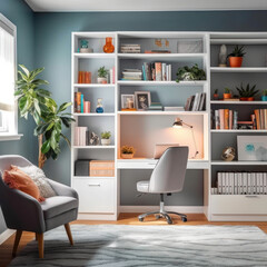 A contemporary reading room with white bookshelves 
