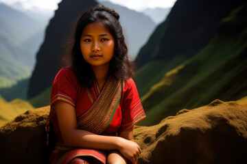 Nepalese woman sitting in mountainous terrain, Generative AI - obrazy, fototapety, plakaty