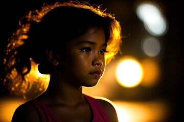 Filipino girl with a neutral expression against backlighting, Generative AI