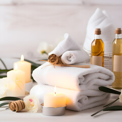 Fototapeta na wymiar spa setting with candles composition of spa candles and towels on white table