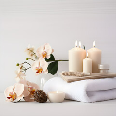 spa still life with candles and orchid composition of spa candles and towels on white table