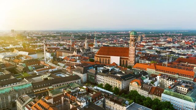 Aerial view of Munich City at sunrise, Cathedral Church of Frauenkirche. Munich skyline panoramic. Germany