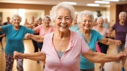 Candid capture of a joyful group of seniors showing vitality while dancing, highlights companionship and active lifestyle in retirement, reflecting the spirit of elderly