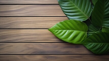 green leaves on wooden background photo generated by Ai