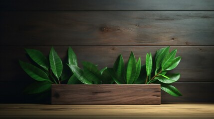 green leaves on wooden background photo generated by Ai