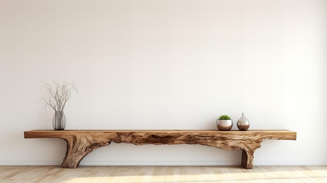 Wooden bench with a vase on it in a room generated by Ai