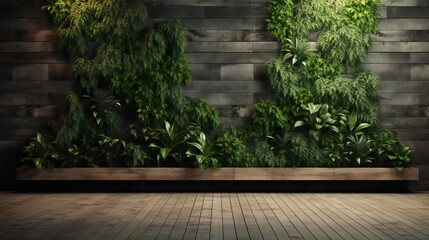 a wall with a green plant and wooden floor generated by Ai
