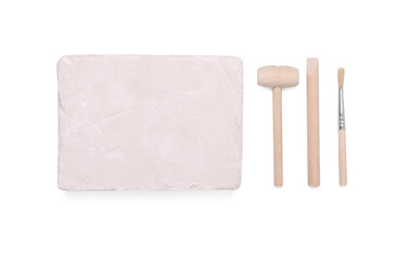 Educational toy for motor skills development. Excavation kit (plaster, digging tools and brush)...