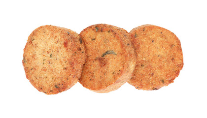 Delicious vegan cutlets on white background, top view