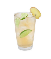 Glass of tasty ale with ice cubes, lime and ginger slices isolated on white