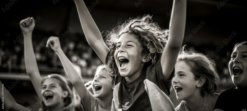 Wall mural cheerful kids cheering at a soccer stadium in black and white