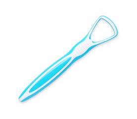 One light blue tongue cleaner isolated on white, top view. Dental care