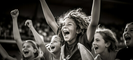 Cheerful kids cheering at a soccer stadium in black and white