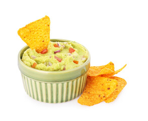 Bowl of delicious guacamole and nachos chips isolated on white