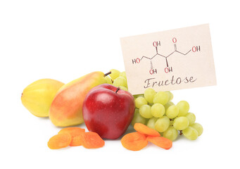 Card with word Fructose, delicious ripe fruits and dried apricots isolated on white