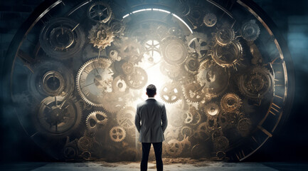Time management concept with businessman standing and looking at gears mechanism in dark room - obrazy, fototapety, plakaty