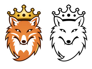 Fox wearing a crown logo template vector illustration, Reynard, jackal, coyote wearing a golden hat simple logo symbol icon clip art stock vector image