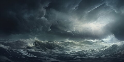 Obraz premium Stormy roiling sea under a dark sky. Waves in the ocean, large with ominous cloudy sky. Generative AI. 