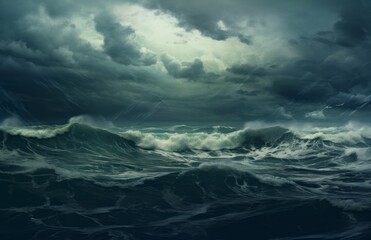 Stormy roiling sea under a dark sky.  Waves in the ocean, large with ominous cloudy sky. Generative AI. 
