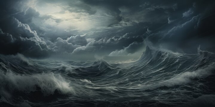Stormy roiling sea under a dark sky.  Waves in the ocean, large with ominous cloudy sky. Generative AI. 
