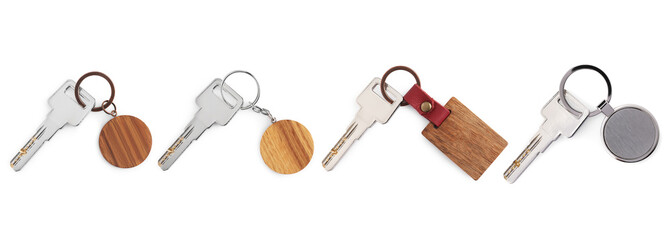 Set of keys with key chains isolated on white