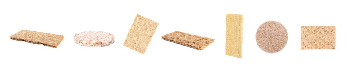 Collage with tasty crispbreads on white background