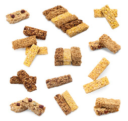 Collage with tasty granola bars on white background