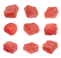 Set with raw beef for goulash isolated on white