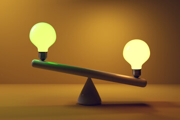 Two lightbulbs on a seesaw - 3D render - obrazy, fototapety, plakaty