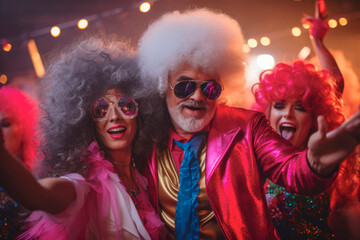 Vibrant Nostalgia with Flashback Fiesta: a Portrait of People in Costumes on a 80's Themed Party at New Year's Celebration - obrazy, fototapety, plakaty