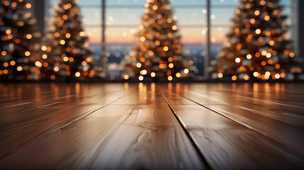 Christmas trees on oak hardwood floor - extreme low angle shot - worm’s eye view - bakeh - mountains - vacation - holiday - stylish - high-end - vacation - resort - lodge - chalet - spa  - obrazy, fototapety, plakaty