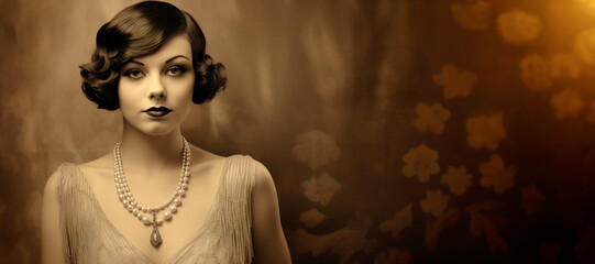 Elegance of the Roaring Twenties. Sepia-Toned Close-Up Portrait of a Stylish Flapper Woman Captures...