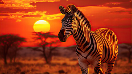 Zebra at sunset in the Serengeti National Park. Africa. Tanzania.
