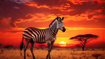 Fototapeta na wymiar Zebra at sunset in the Serengeti National Park. Africa. Tanzania.