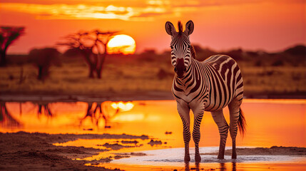 Fototapeta na wymiar Zebra at sunset in the Serengeti National Park. Africa. Tanzania.