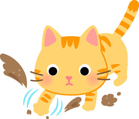 前脚で砂を掘るトラ猫